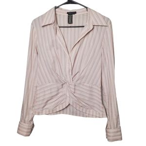 BCBG Max Azria | Long Sleeve Cotton Top | V Neck Pink White Blue Stripes | M